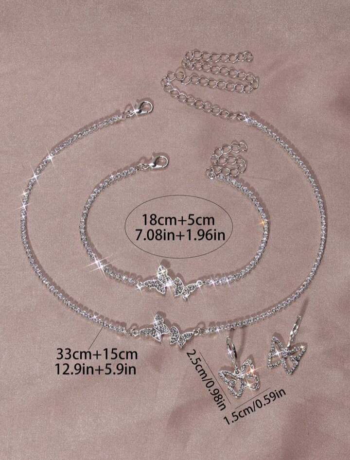 Rhinestone Earrings, Necklace, Bracelet, Butterfly Pendant Set
