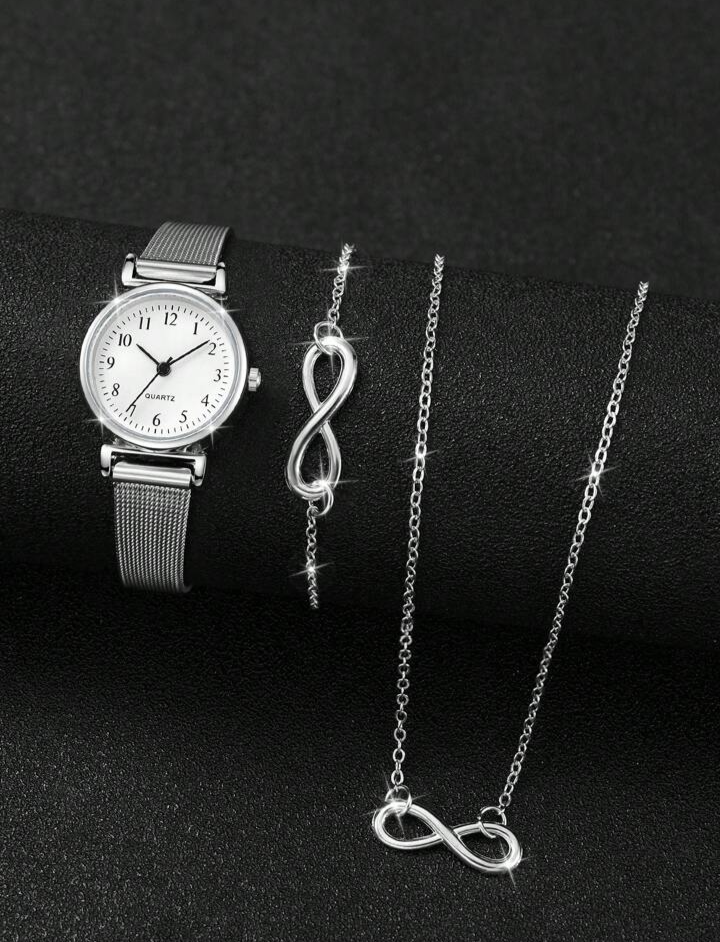 Mesh Strap Numeral Dial Quartz Watch + 8-Shaped Jewelry Set (3pcs/Set)
