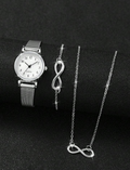 Mesh Strap Numeral Dial Quartz Watch + 8-Shaped Jewelry Set (3pcs/Set)