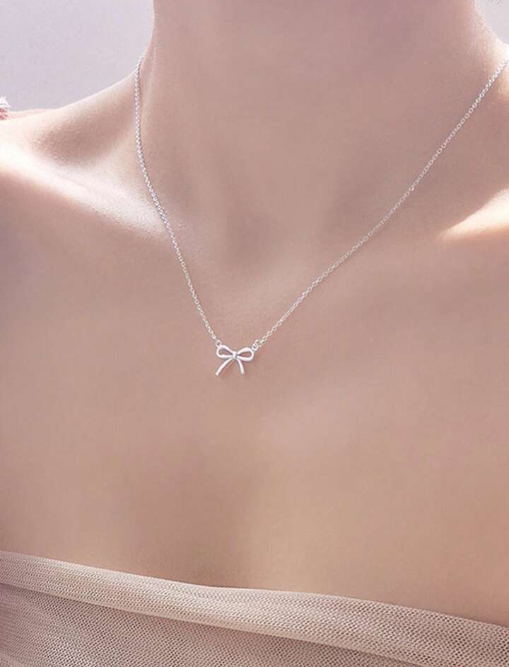 Luxury S925 Sterling Silver Minimalist Unique Design Bowknot Necklace