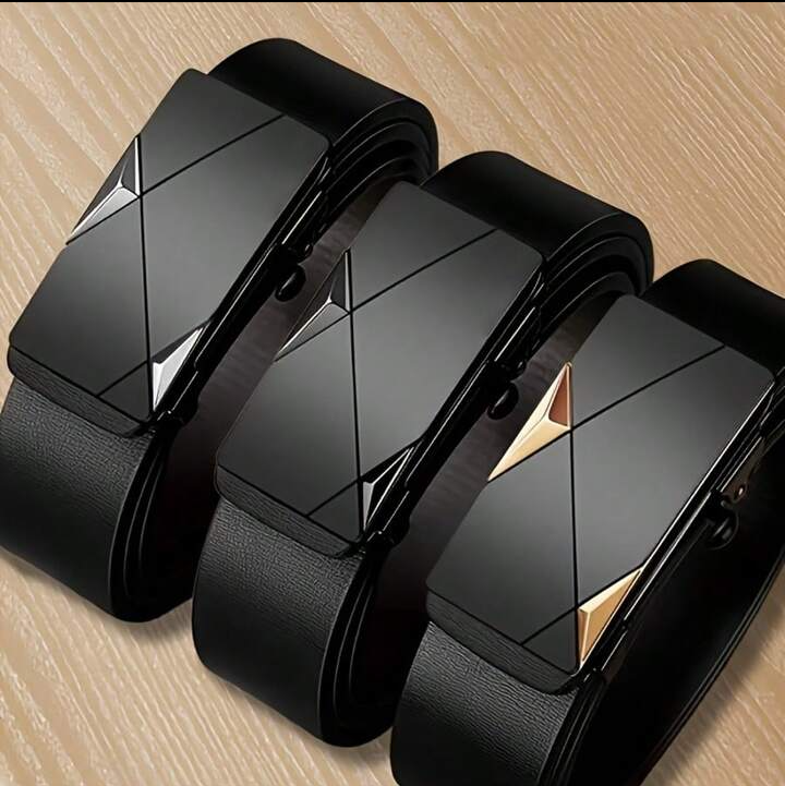 Men's Automatic Buckle Belt, Black Samurai Shape, High-Grade Solid Leather