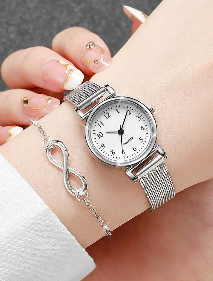 Mesh Strap Numeral Dial Quartz Watch + 8-Shaped Jewelry Set (3pcs/Set)