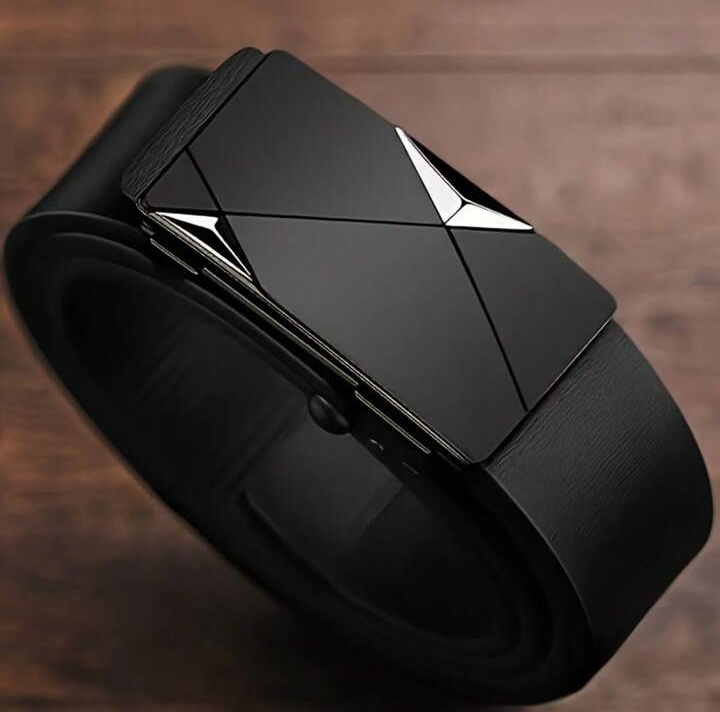 Men's Automatic Buckle Belt, Black Samurai Shape, High-Grade Solid Leather