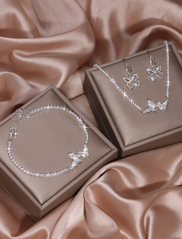 Rhinestone Earrings, Necklace, Bracelet, Butterfly Pendant Set