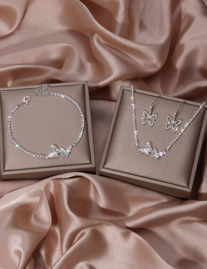 Rhinestone Earrings, Necklace, Bracelet, Butterfly Pendant Set