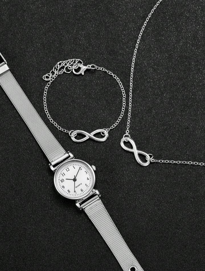 Mesh Strap Numeral Dial Quartz Watch + 8-Shaped Jewelry Set (3pcs/Set)