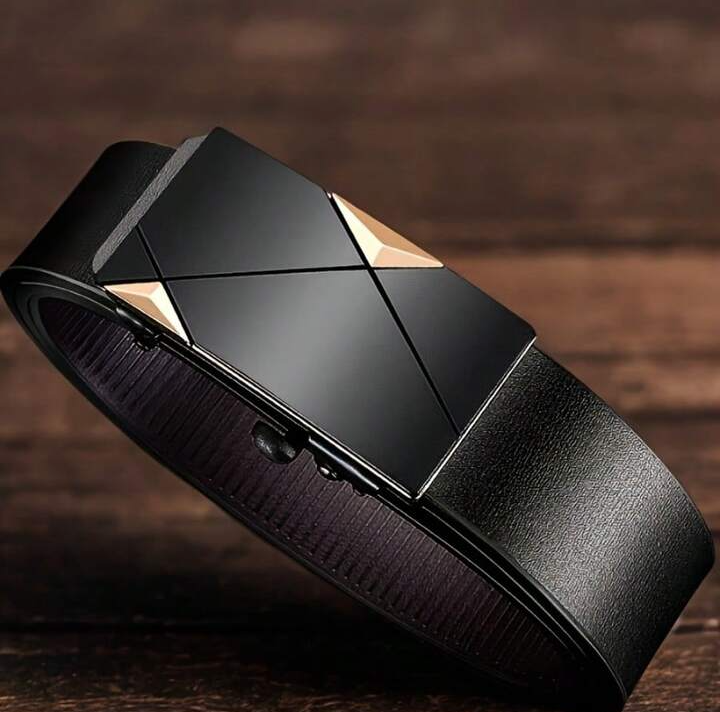 Men's Automatic Buckle Belt, Black Samurai Shape, High-Grade Solid Leather